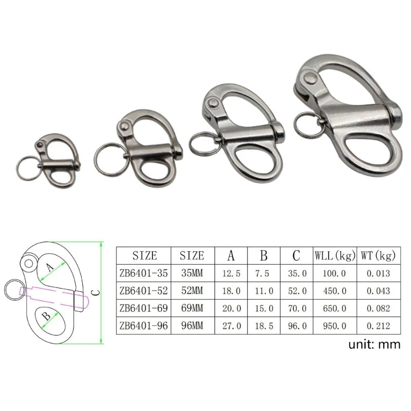 35, 52, 69, 96mm Jaw Swivel/Snap Shackle - Stainless Steel