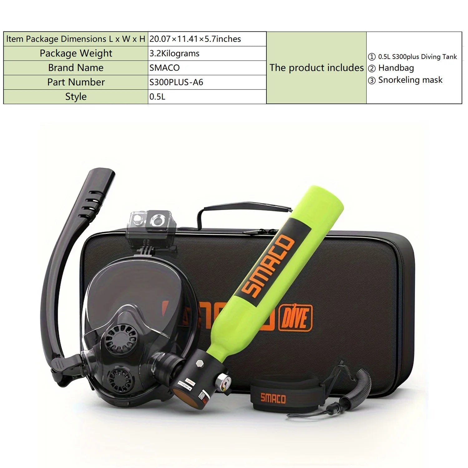 SMACO 0.5L Mini Scuba Diving Tank w/ Diving Full Face Mask