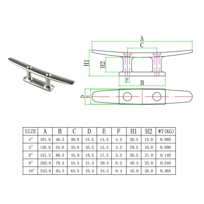 2pcs - 4in, 5in, 6in & 8in Mooring Cleat - 316 Stainless