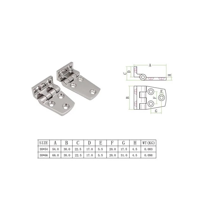2Pcs Stainless 316 Flush Mount Boat Hinges - 54mm or 66mm