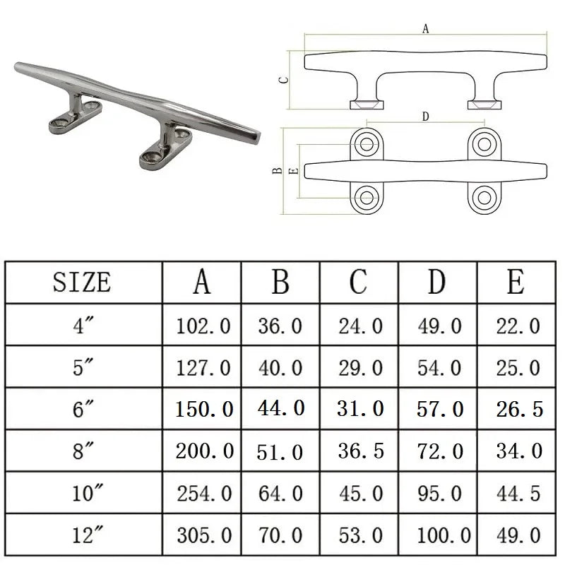 2PCS 316 SS  Mooring Cleat Sizes 4-12in